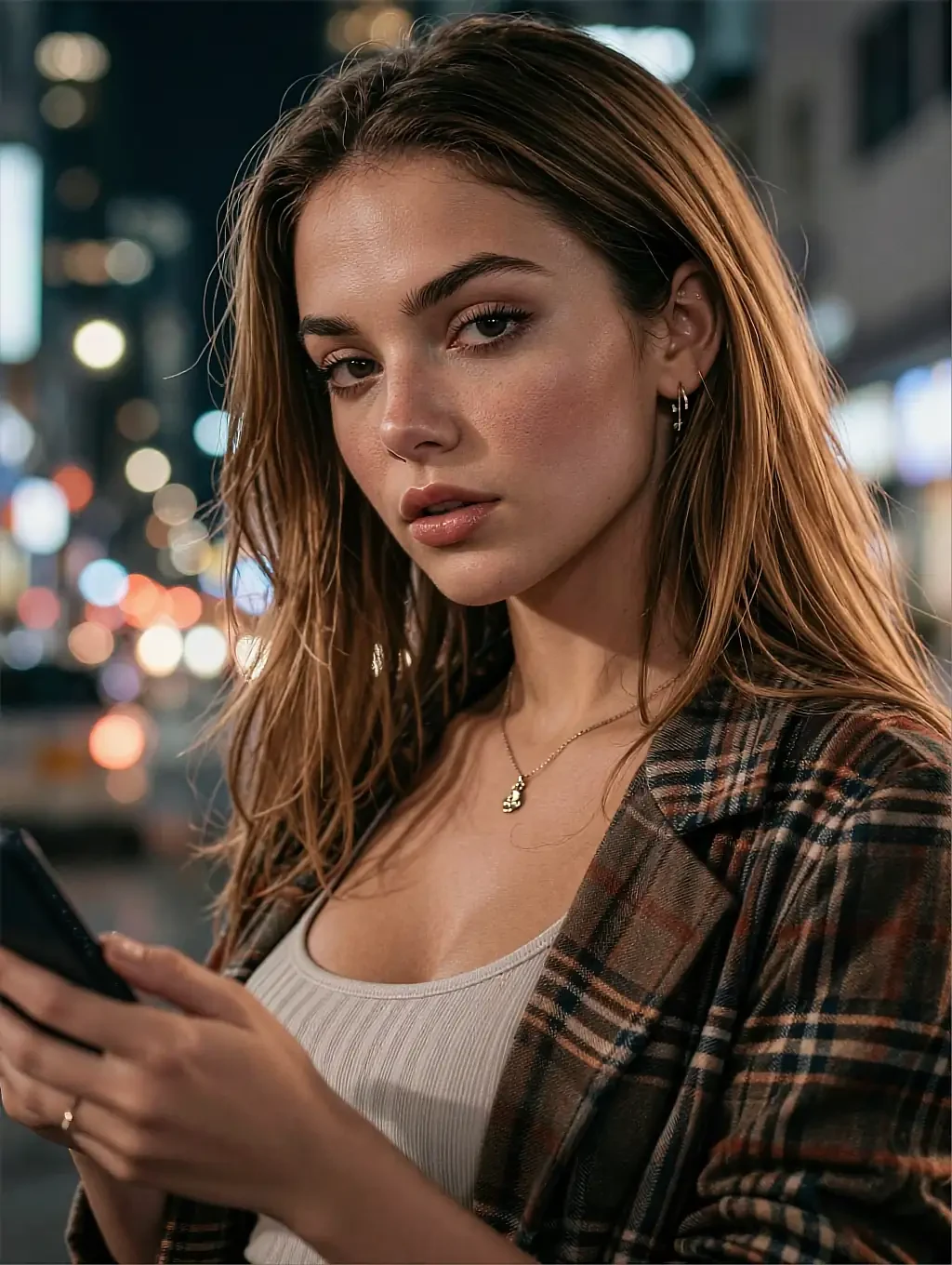 Fictional AI character featured on the fourth landing page, at night
